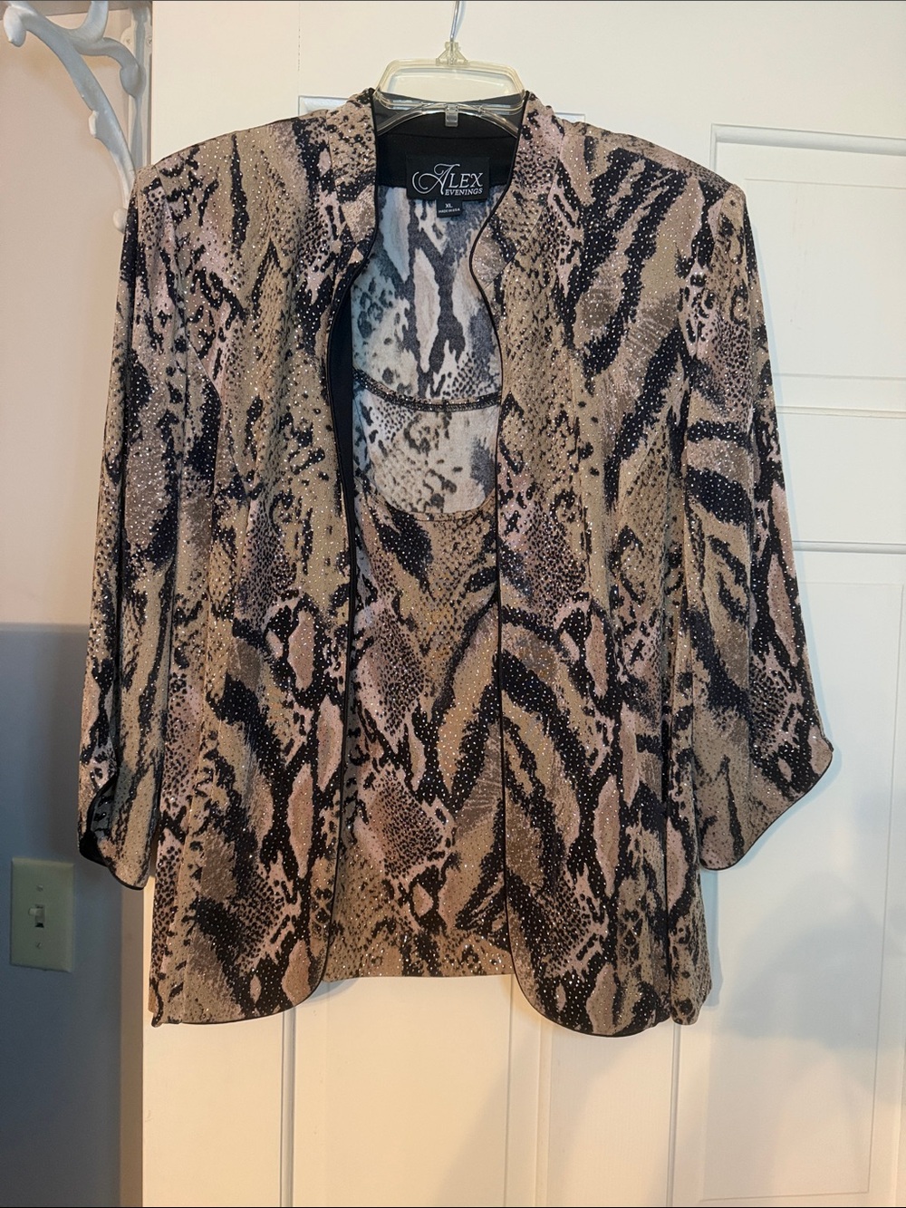 Alex Evenings Taupe and Black Animal Print Open-Front Jacket